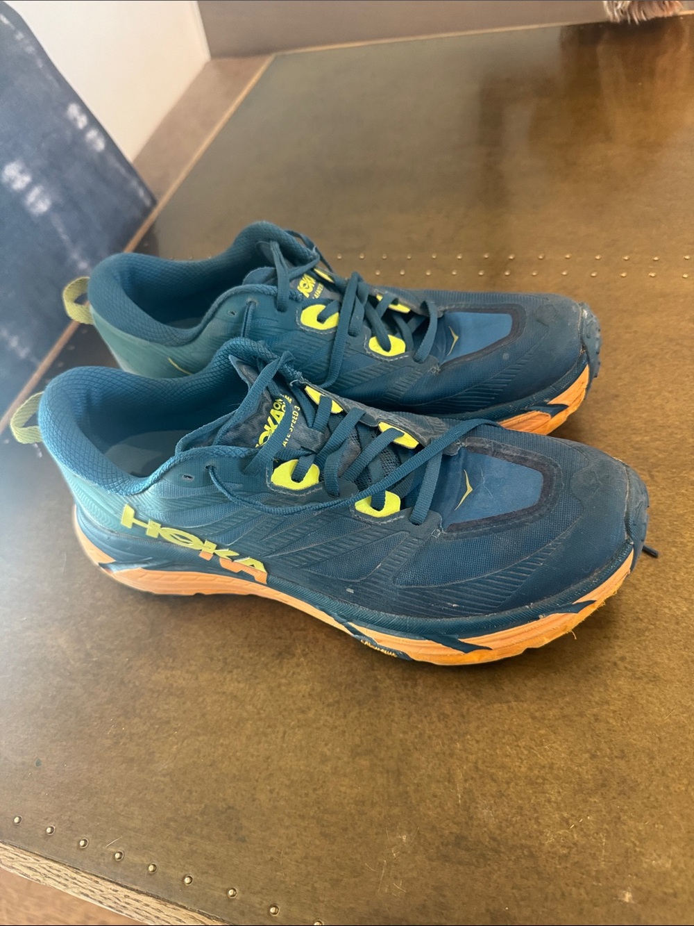 Hoka Trail Running Shoes in Teal with Orange Soles